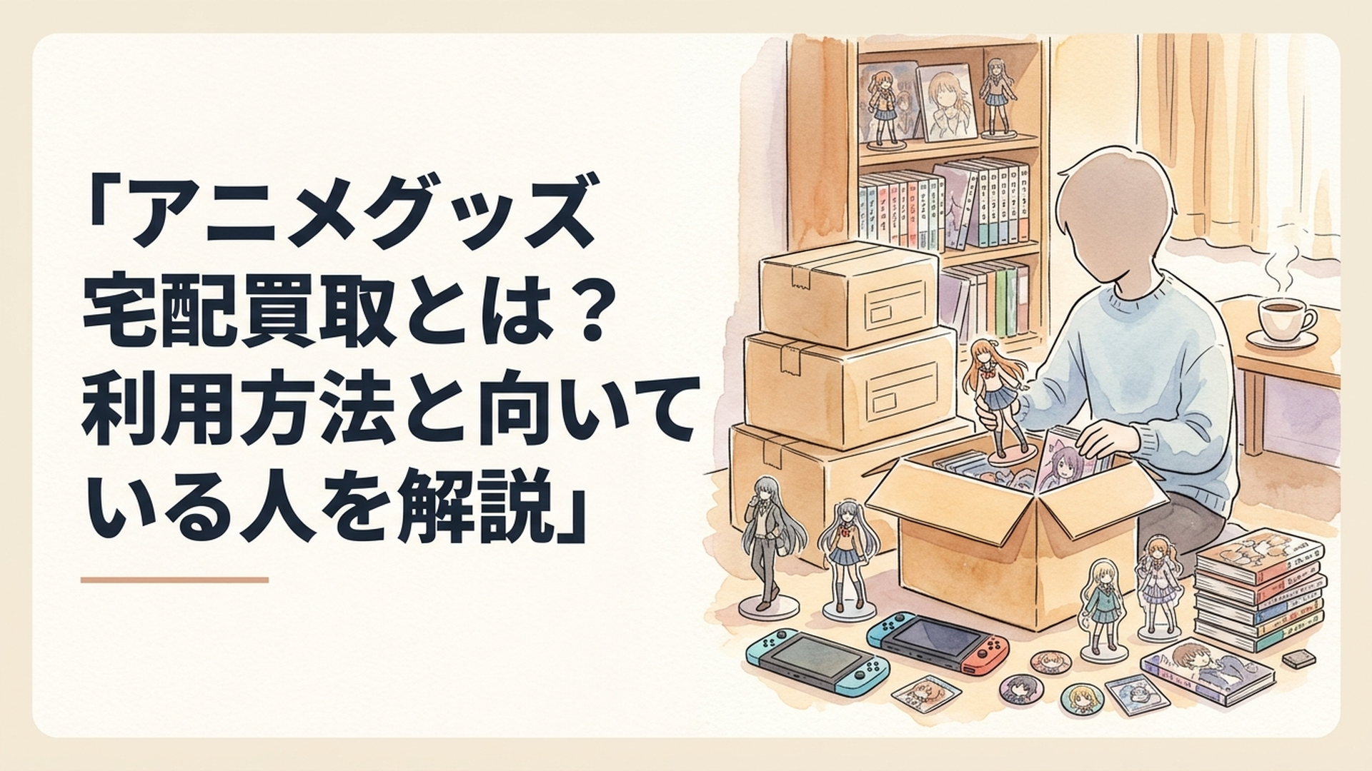 フィギュアやアクスタや缶バッジをダンボールにまとめて宅配買取の準備をしている部屋
