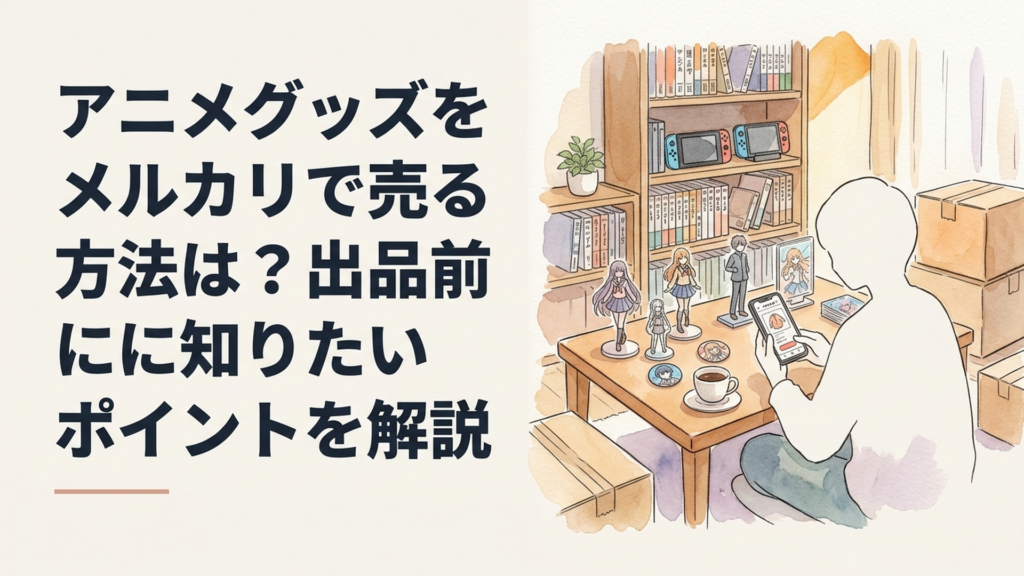 フィギュアやアクスタ、缶バッジを机に並べ、スマートフォンでメルカリへ出品している様子