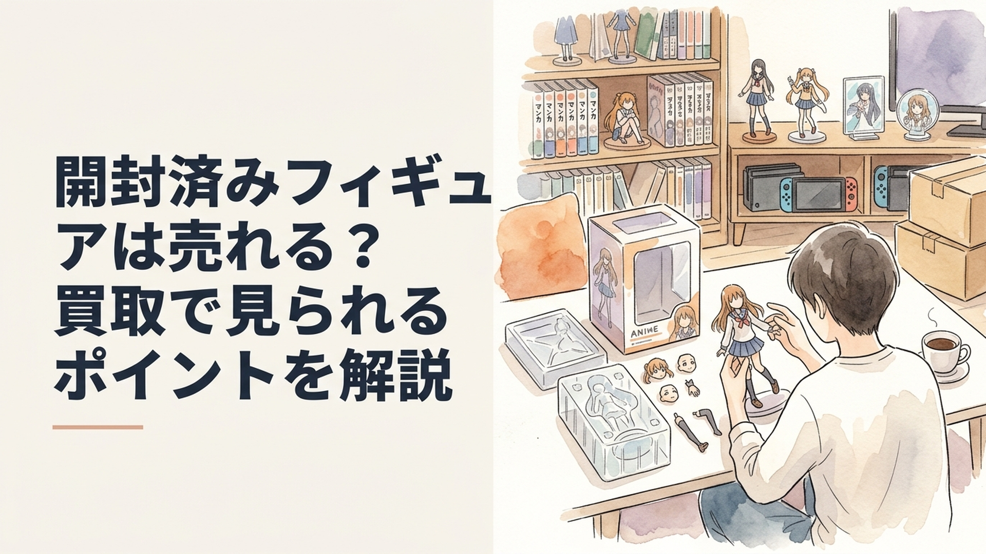 開封済みフィギュア本体と外箱やブリスターや交換パーツを並べて査定前に状態確認している様子
