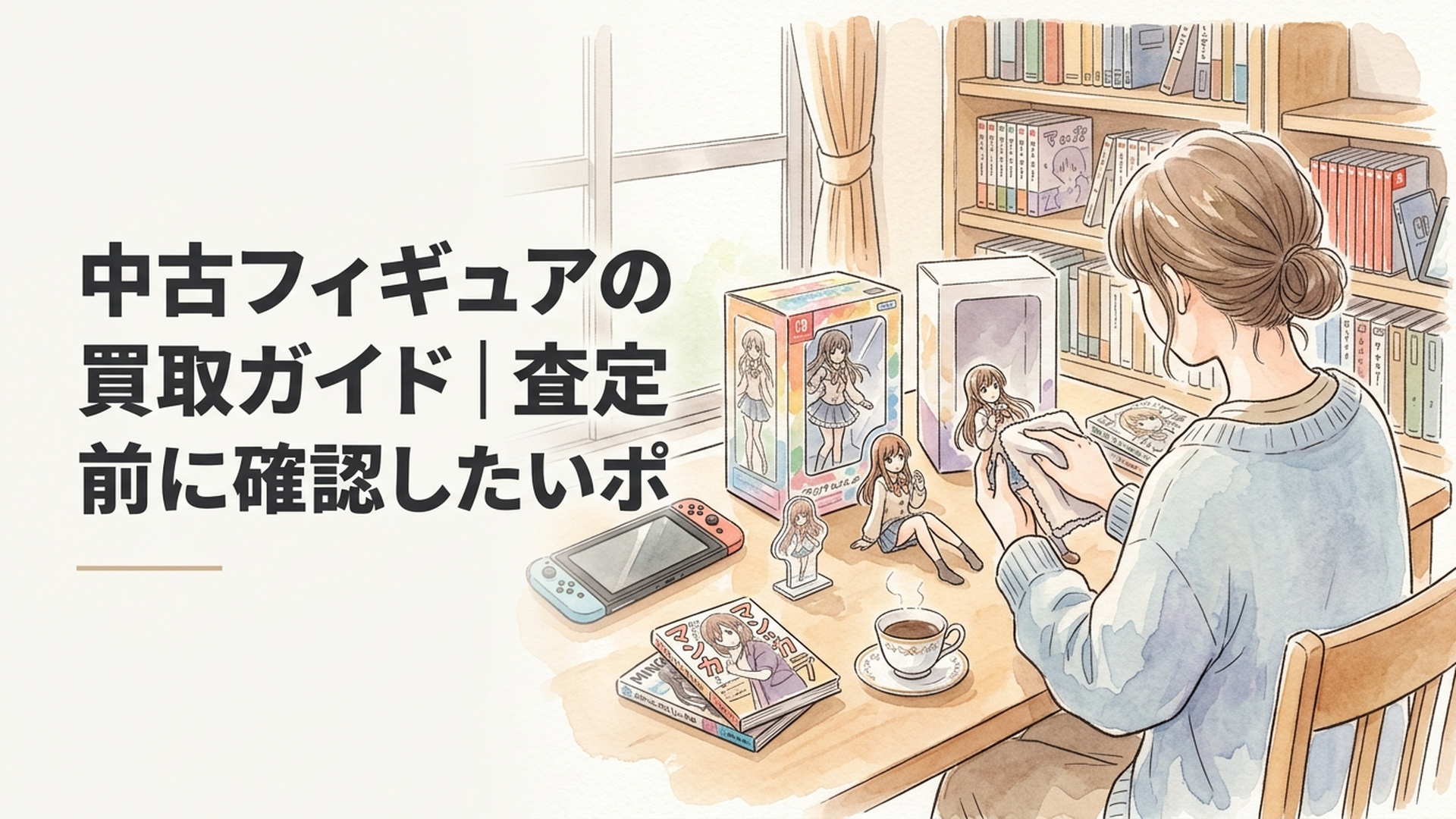 箱ありと箱なしの中古フィギュアを机に並べて本体や付属品の状態を確認している様子