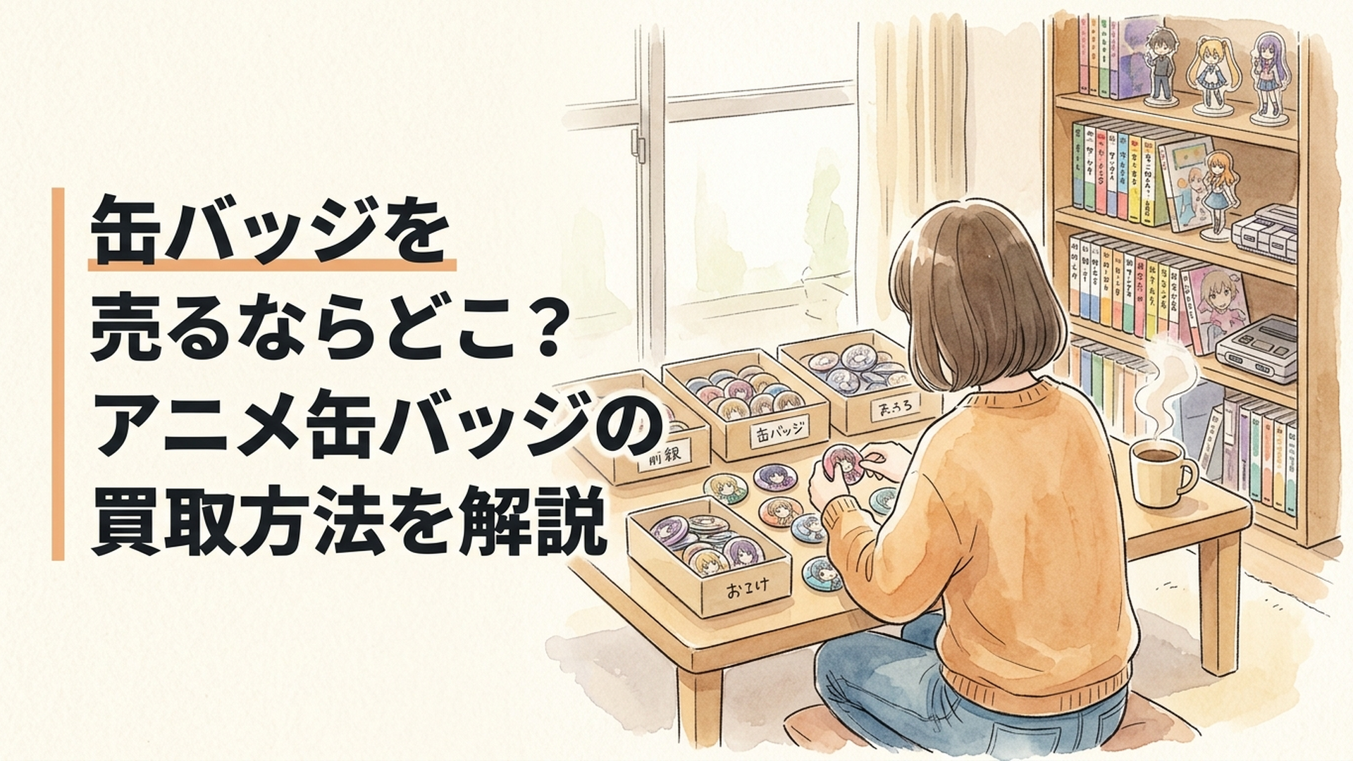 大量のアニメ缶バッジを通常品と限定品に仕分けながら宅配買取や店頭買取を比較する様子