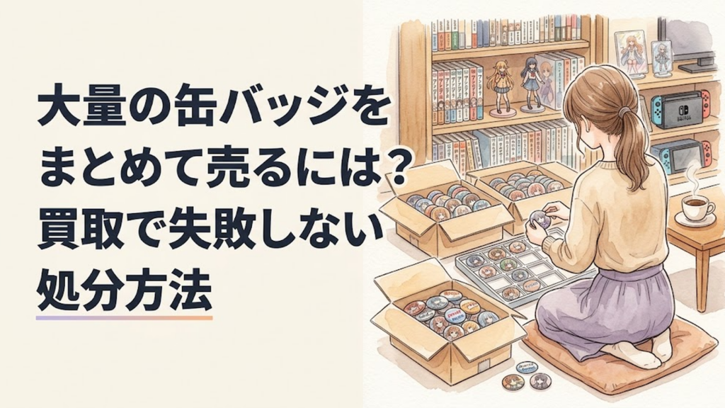 段ボールいっぱいのアニメやゲームの缶バッジを作品別に整理しながら売却方法を検討している様子