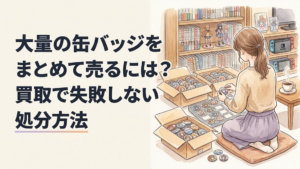 段ボールいっぱいのアニメやゲームの缶バッジを作品別に整理しながら売却方法を検討している様子