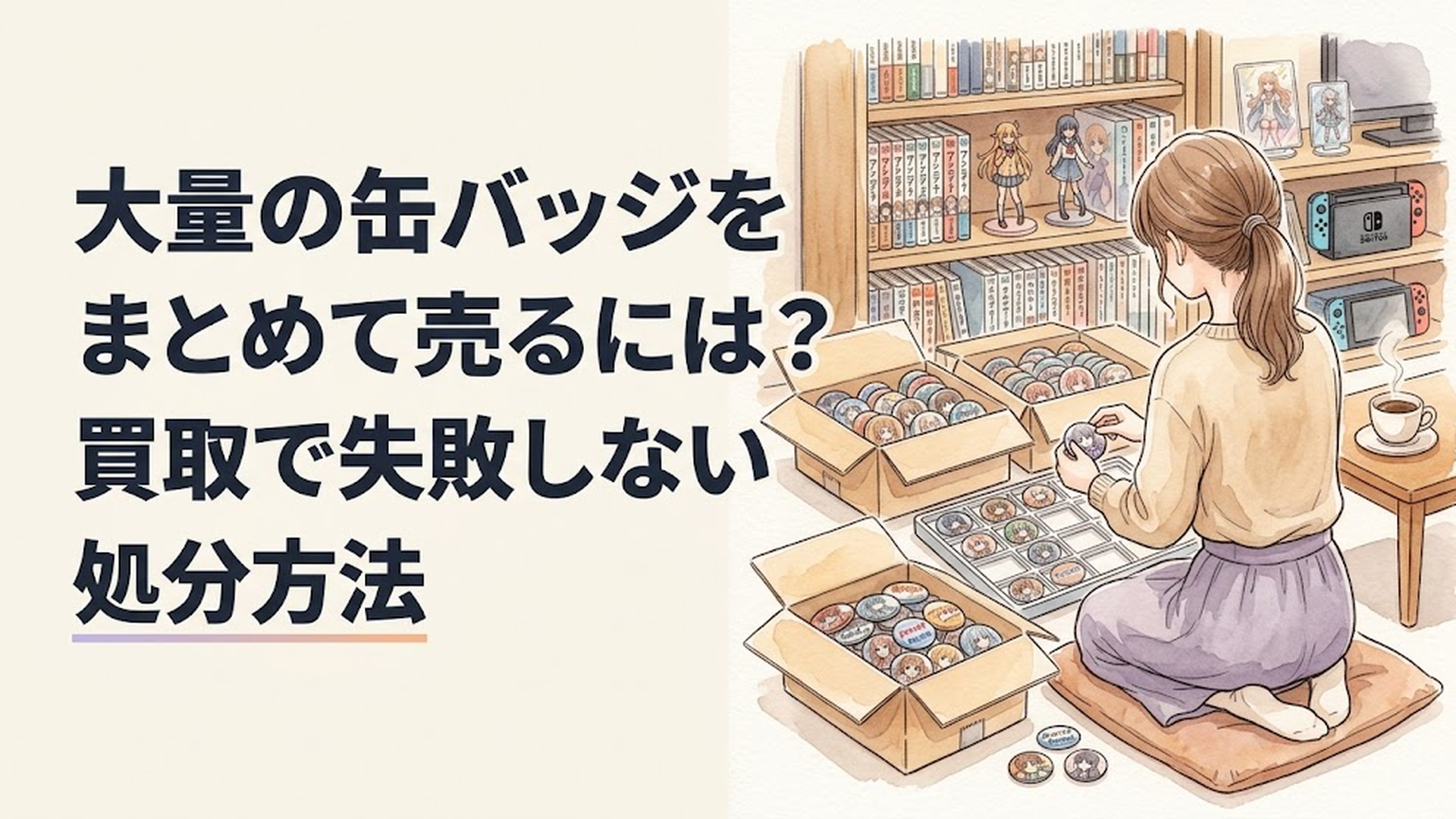 段ボールいっぱいのアニメやゲームの缶バッジを作品別に整理しながら売却方法を検討している様子
