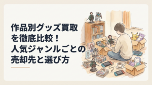 鬼滅の刃やガンダム、ポケモンのフィギュア、ガンプラ、アクスタ、ぬいぐるみを種類別に仕分けて買取先を比較する様子