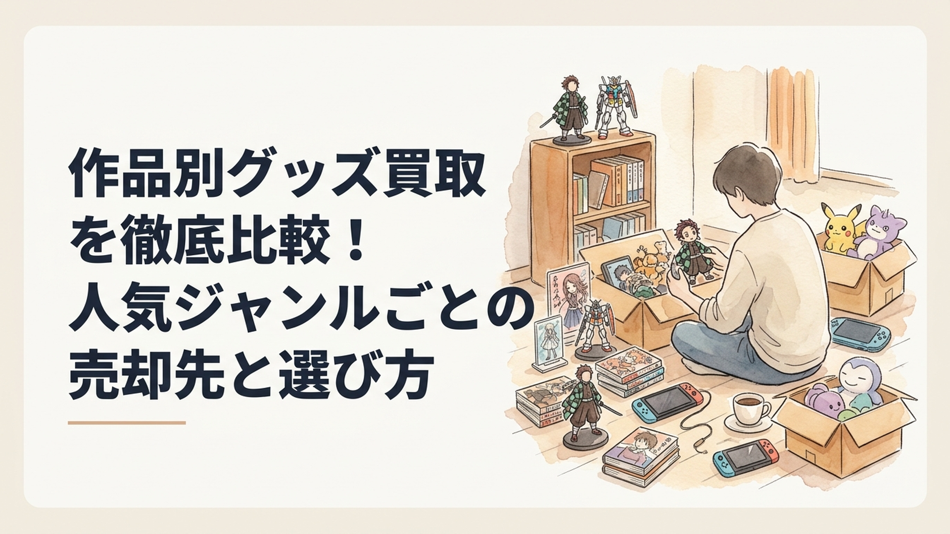 鬼滅の刃やガンダム、ポケモンのフィギュア、ガンプラ、アクスタ、ぬいぐるみを種類別に仕分けて買取先を比較する様子
