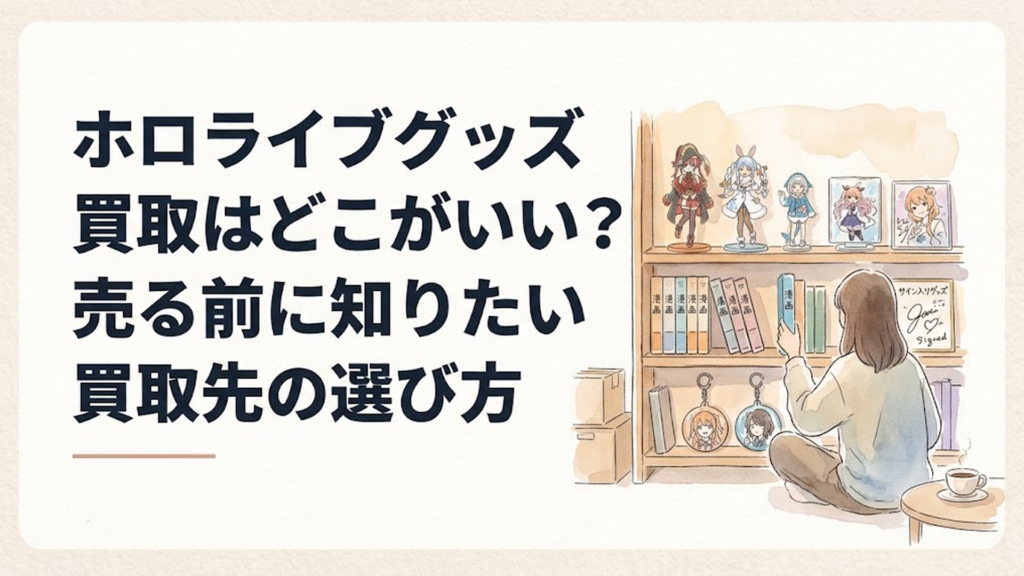 ホロライブのフィギュアやアクリルスタンド、缶バッジ、サイン入りグッズを並べて5つの買取先を比較している様子