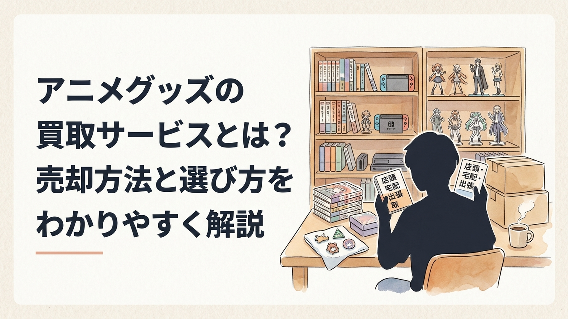 フィギュアやアクリルスタンド、缶バッジを前に店頭・宅配・出張買取を比較する社会人