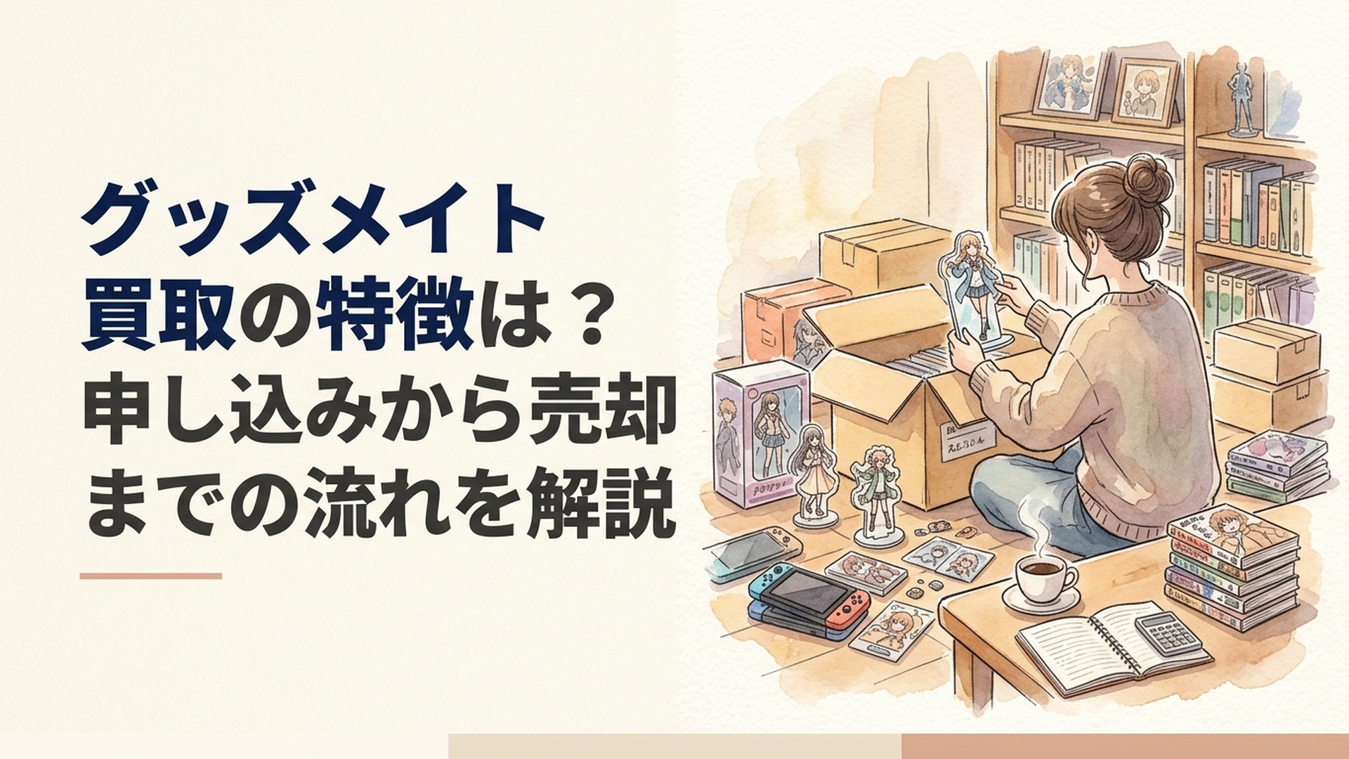 アクスタや缶バッジ、フィギュアを段ボールにまとめながら査定結果の確認方法をチェックする宅配買取の準備風景