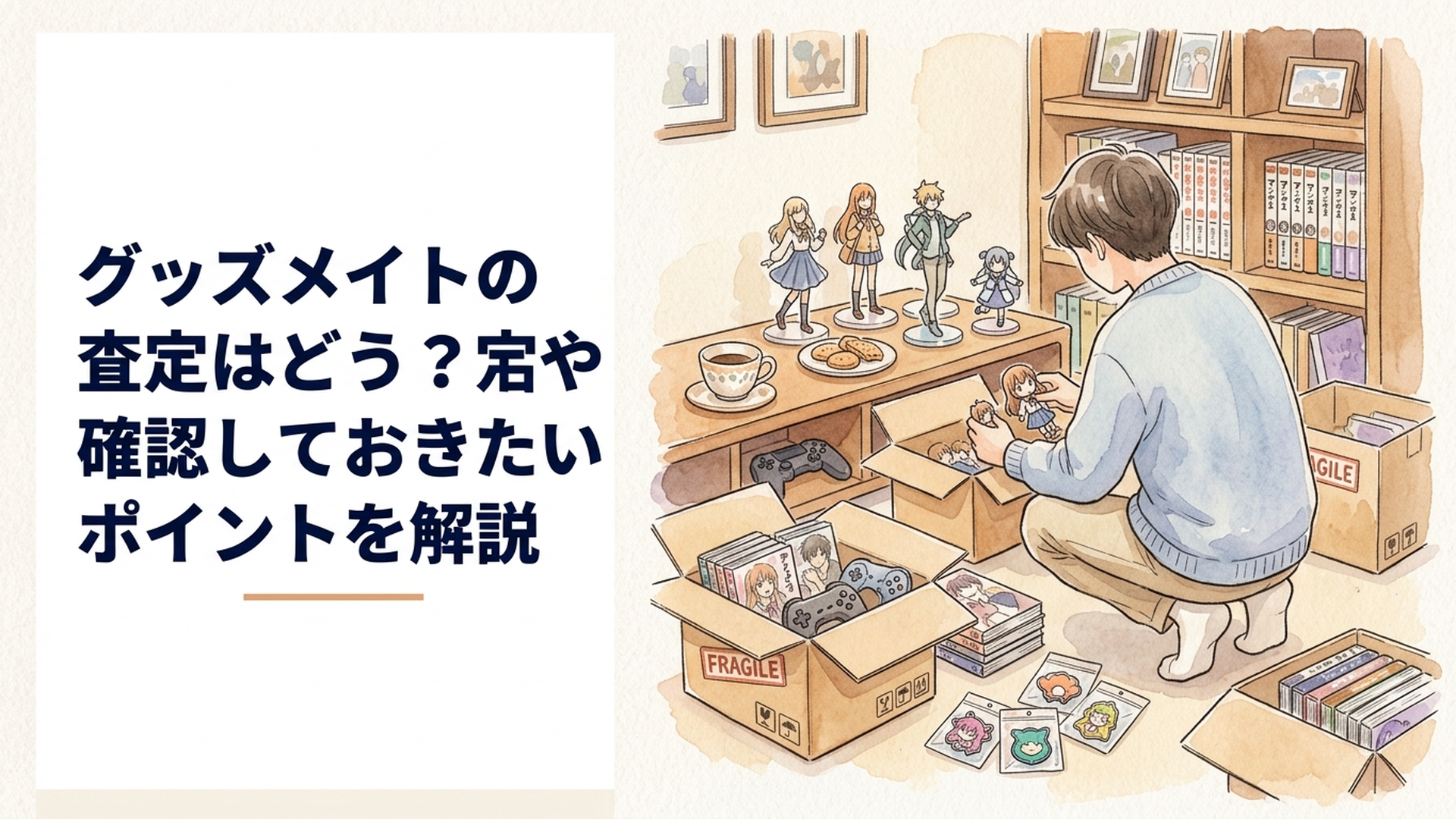 フィギュアやアクリルスタンド、缶バッジをダンボールに詰めて宅配査定を準備している様子