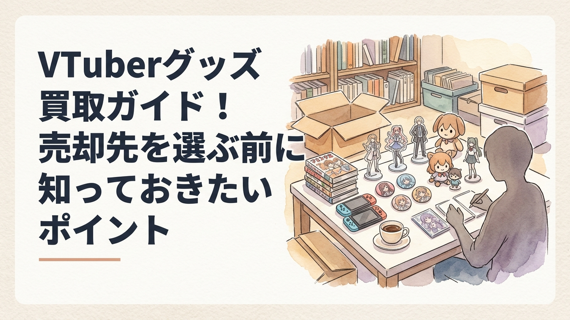 VTuberのアクスタや缶バッジ、ぬいぐるみ、フィギュアを机に並べて相場と買取先を比較している場面