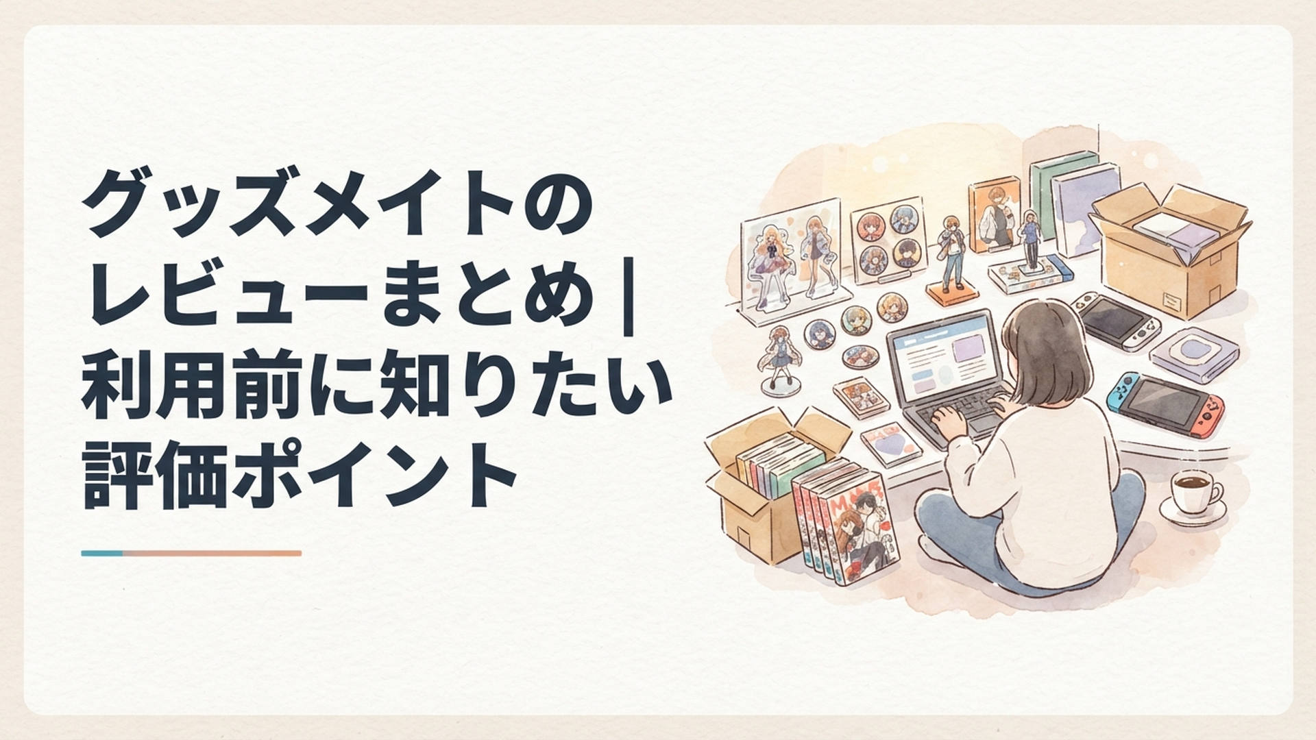 アクスタや缶バッジ、フィギュアを並べてグッズメイトのレビューと査定条件を確認する様子