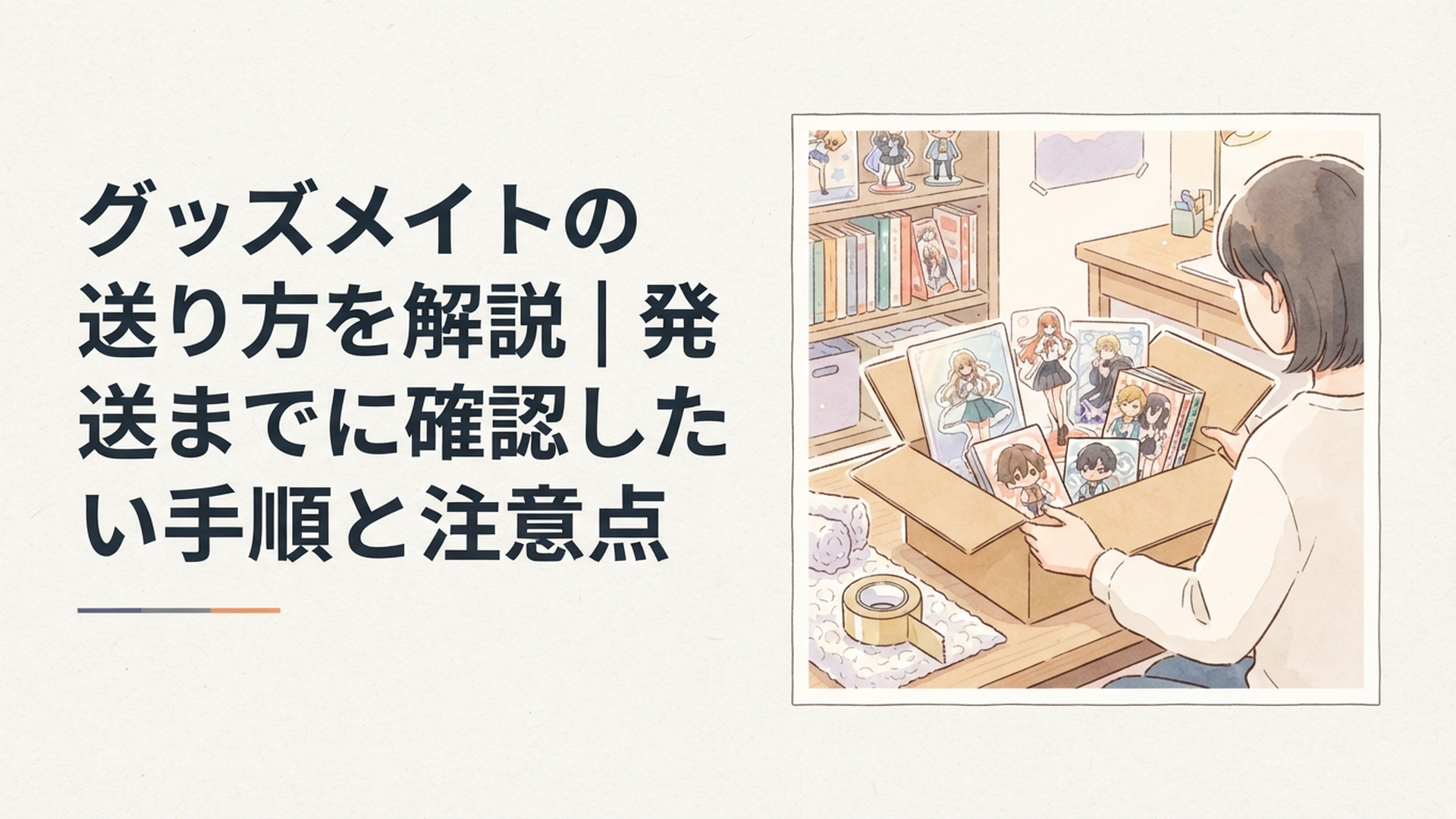 アニメグッズをダンボールへ梱包しグッズメイトへの発送準備をしている様子