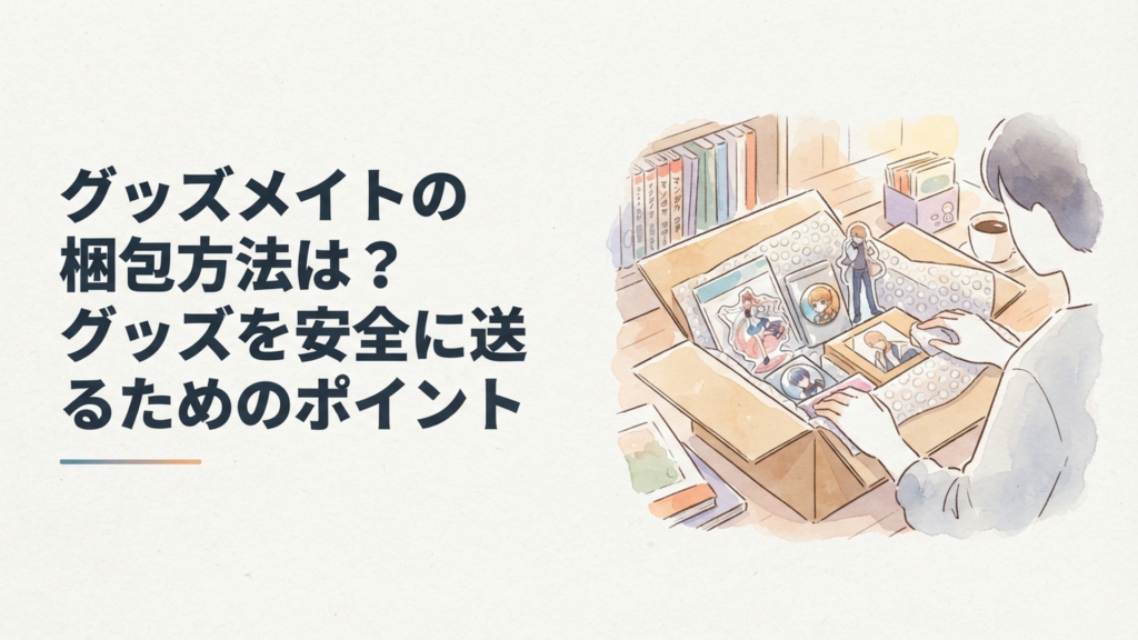 アクスタや缶バッジ、フィギュアを緩衝材とダンボールで丁寧に梱包している様子