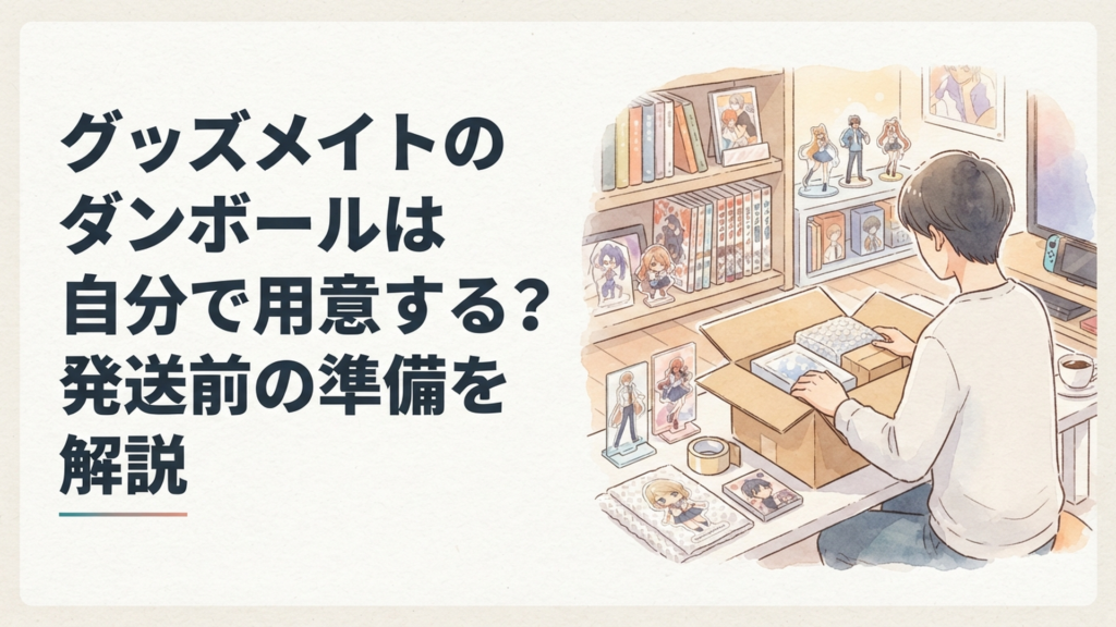アニメグッズやフィギュアを無料宅配キットのダンボールへ丁寧に梱包している様子