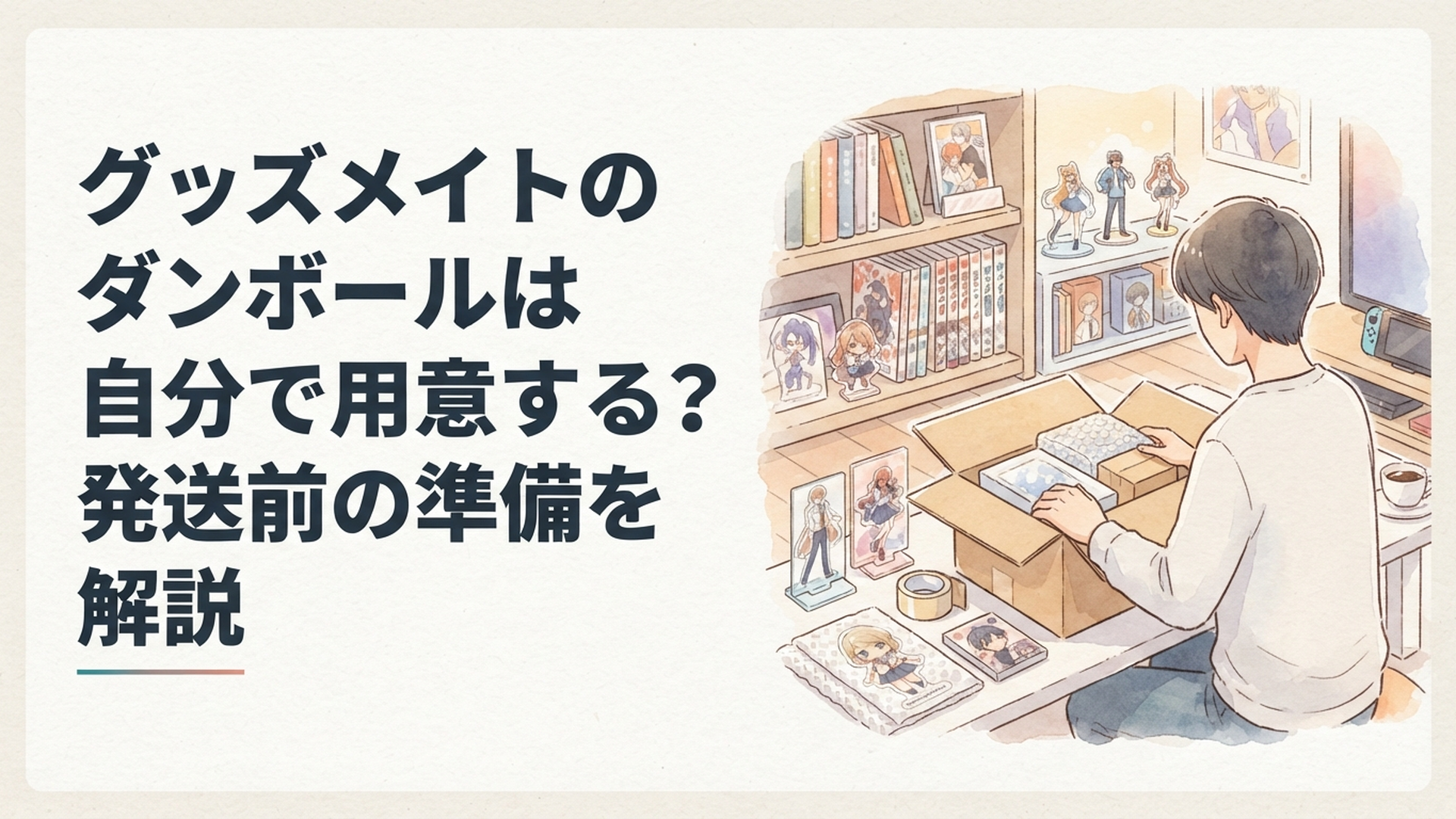 アニメグッズやフィギュアを無料宅配キットのダンボールへ丁寧に梱包している様子