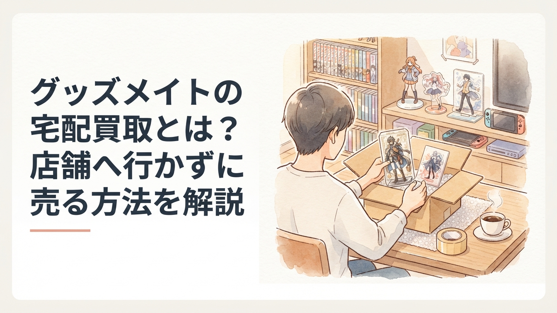 フィギュアやアクスタを自宅でダンボールに梱包して宅配買取へ出す準備をしている様子