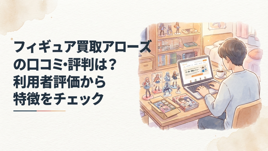 フィギュアを前に宅配買取サービスの口コミと査定条件を確認する社会人