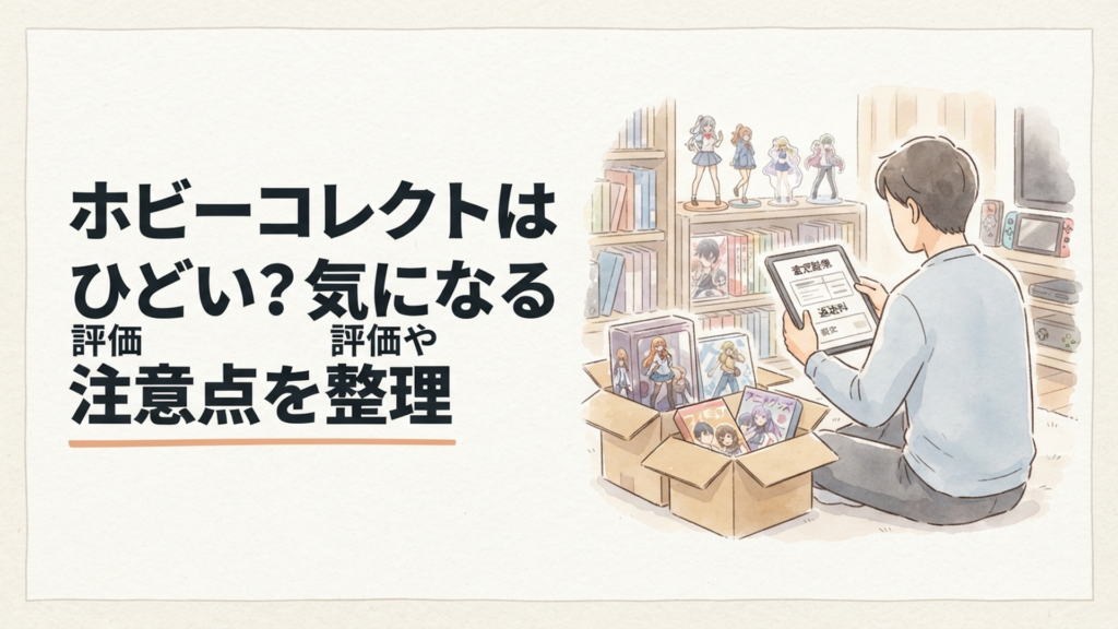 フィギュアやアニメグッズを詰めた段ボールの前で宅配買取の査定結果と返送料を確認する社会人