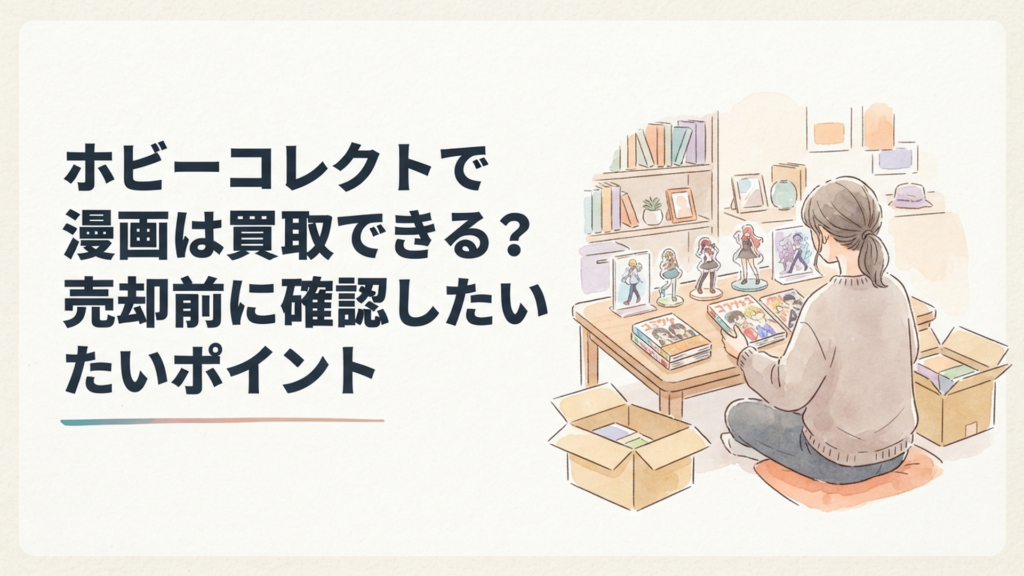 漫画単行本とフィギュアやアクリルスタンドを並べて宅配買取の対象商品を確認している様子