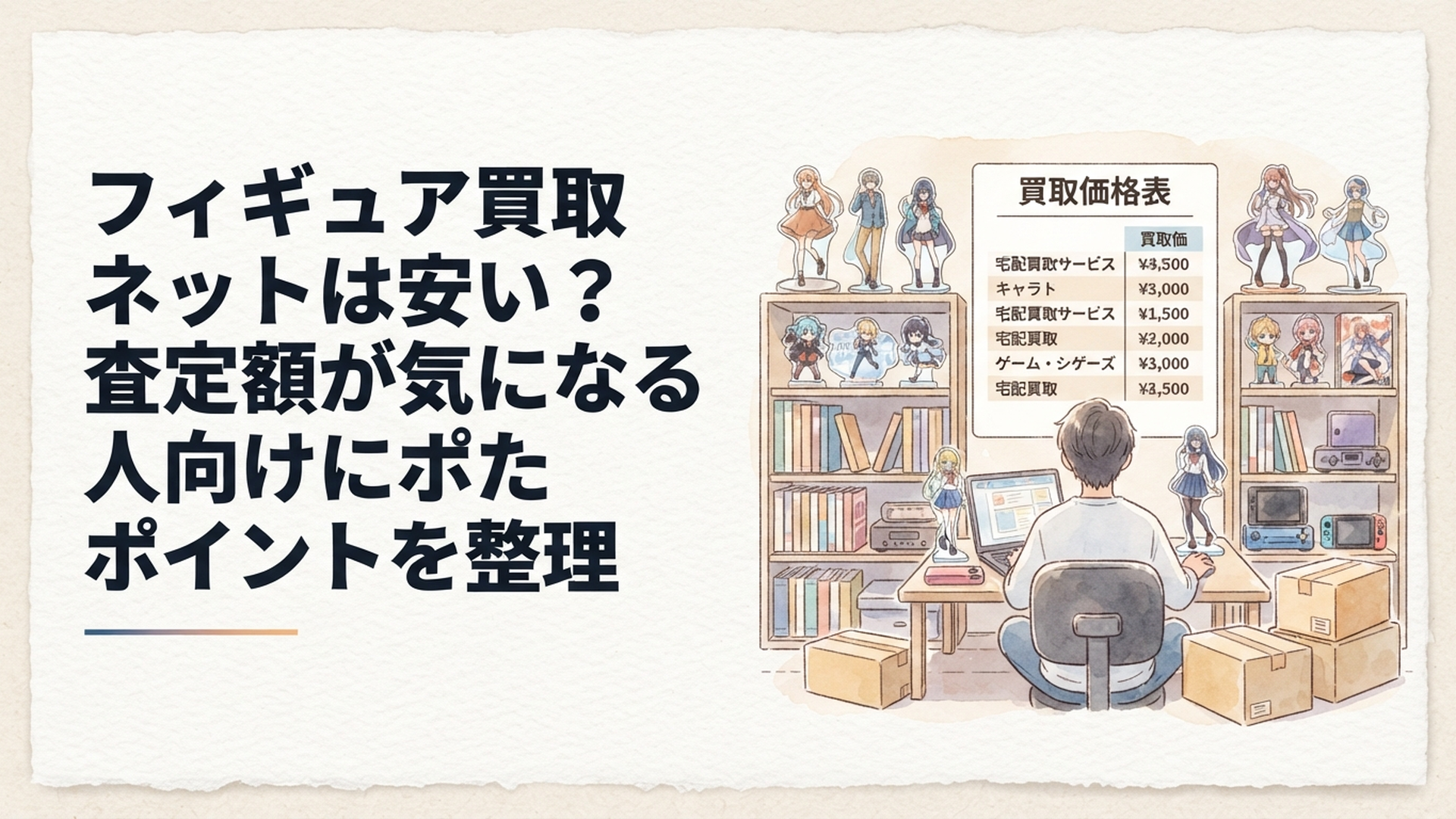 複数のフィギュアと買取価格表を並べて宅配買取サービスを比較している様子