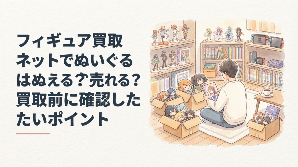 アニメやゲームキャラクターのぬいぐるみを段ボールの前で整理しながら売却を検討している場面