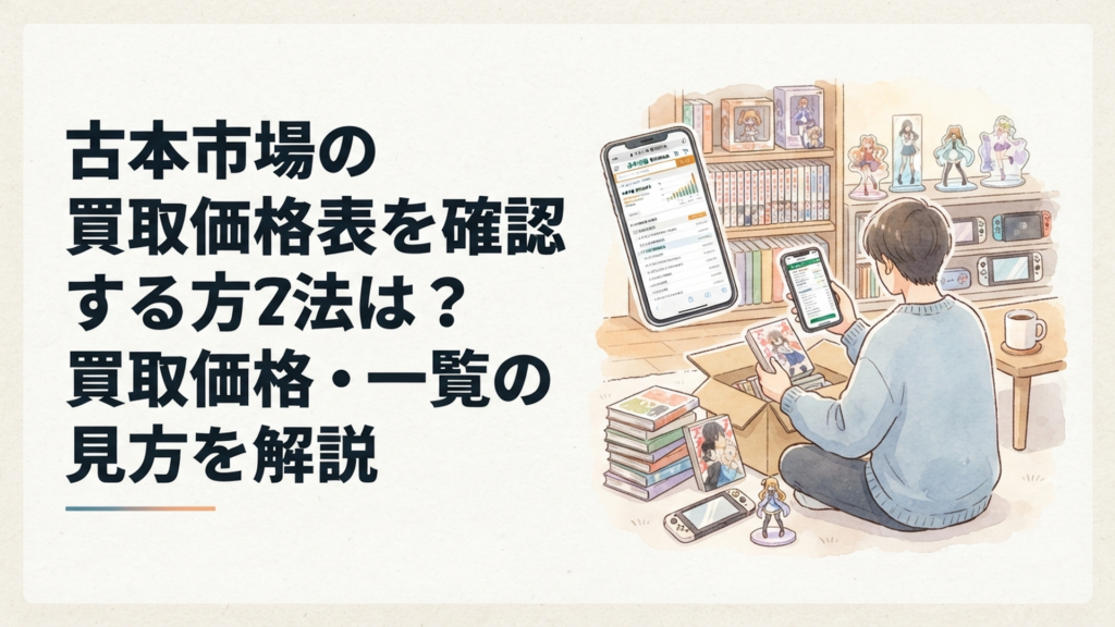 スマートフォンで古本市場の買取価格を検索しながら、本やゲーム、フィギュアを整理している様子