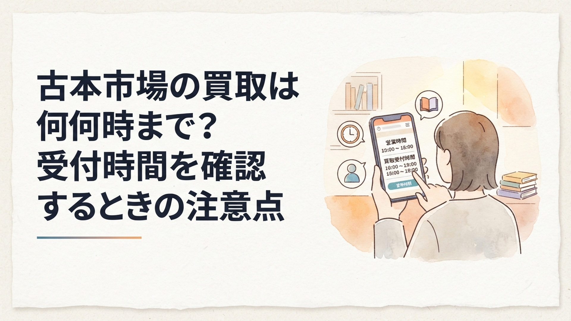 古本市場へ本やフィギュアを売りに行く前にスマートフォンで営業時間と買取受付時間を確認している様子
