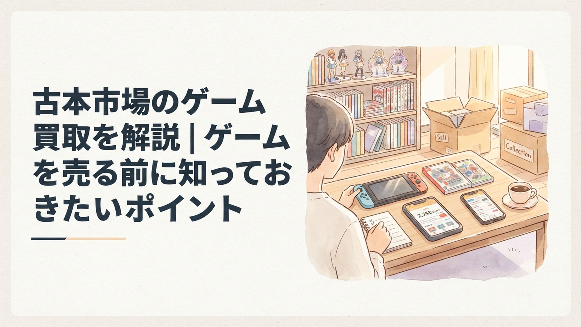 古本市場へゲームを売る前にゲーム機本体とソフトの買取価格や付属品を確認している様子