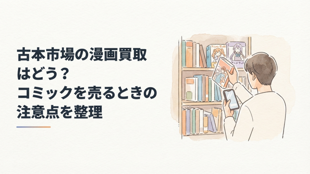本棚から漫画を取り出し古本市場の買取価格を確認しているシーン
