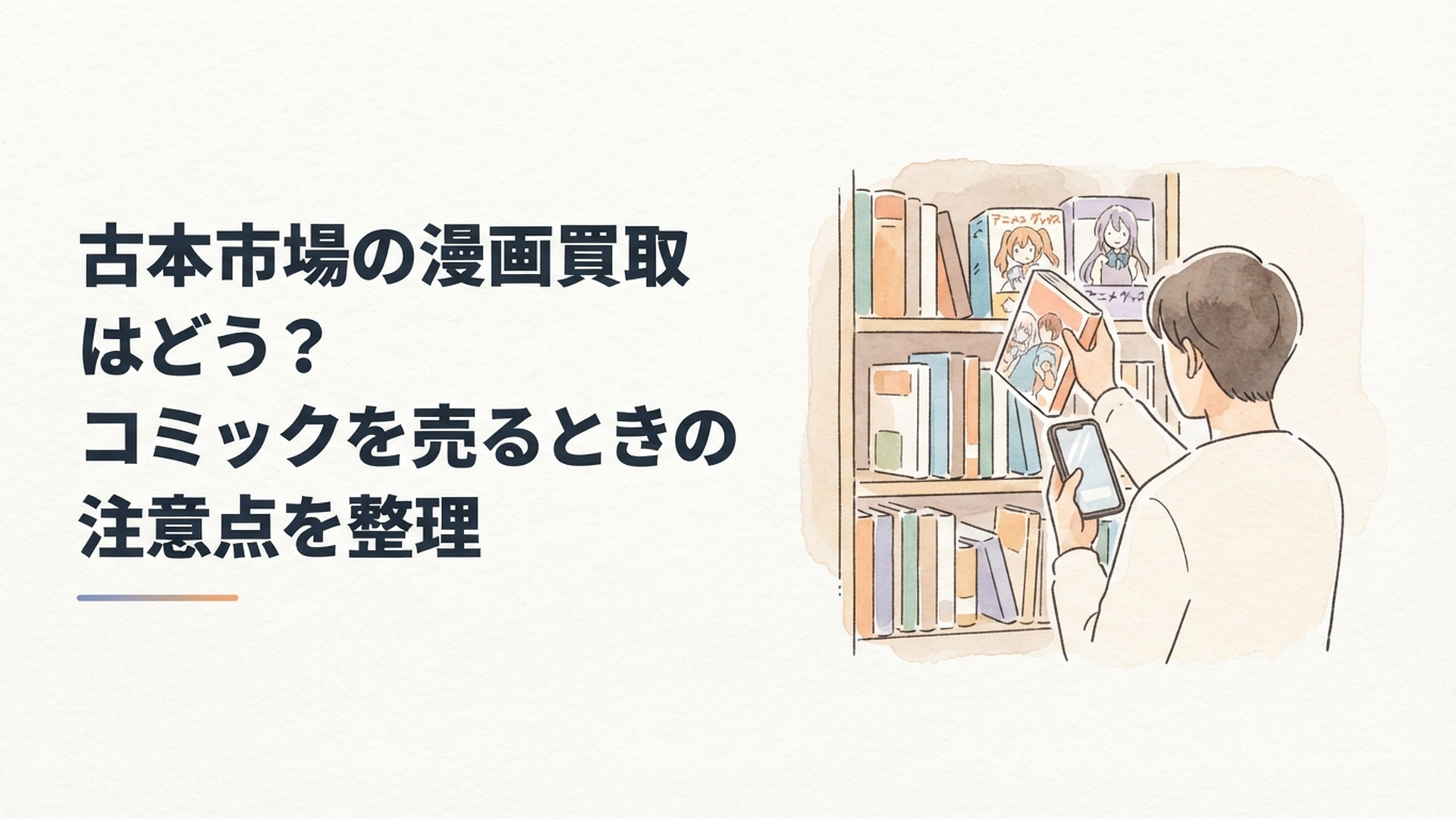 本棚から漫画を取り出し古本市場の買取価格を確認しているシーン