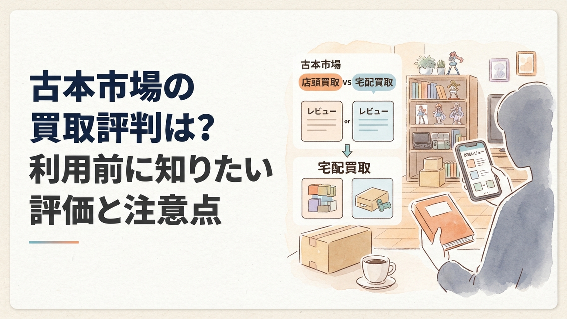 古本市場の店頭買取と宅配買取について口コミや査定条件を比較している様子