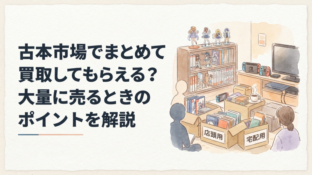 ゲームソフトや本やフィギュアを店頭用と宅配用に仕分けしている部屋