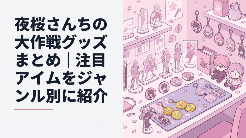 夜桜さんちの大作戦のグッズ特集を表現したオリジナルイラスト。桜色と淡い紫を基調としたコレクションルームに、透明なアクリルスタンド、缶バッジ、キーホルダー、ぬいぐるみ、金色の記念コイン、デスクマットを並べる。公式キャラクターや実在する商品を再現せず、桜の花びらとスパイ道具をイメージ
