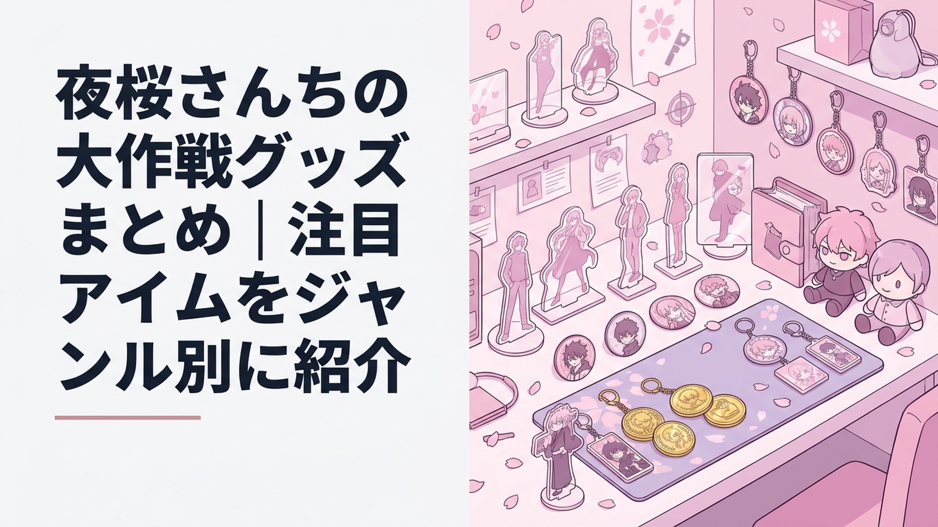 夜桜さんちの大作戦のグッズ特集を表現したオリジナルイラスト。桜色と淡い紫を基調としたコレクションルームに、透明なアクリルスタンド、缶バッジ、キーホルダー、ぬいぐるみ、金色の記念コイン、デスクマットを並べる。公式キャラクターや実在する商品を再現せず、桜の花びらとスパイ道具をイメージ